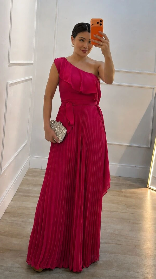 Vestido Longo Ombro Único Plissado Detalhe De Babado Taty Cinto Faixa