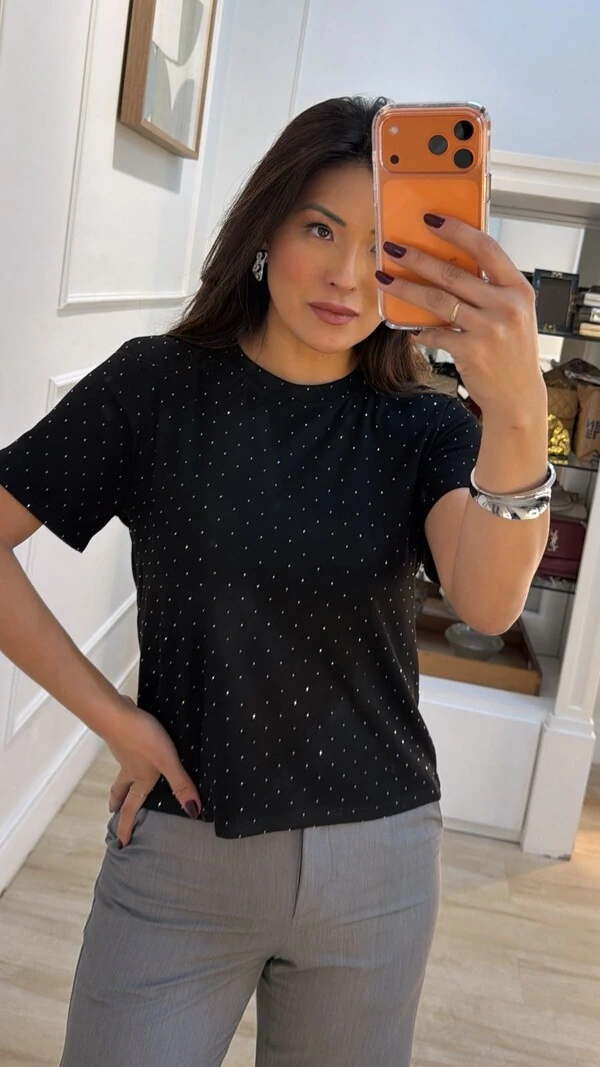 Blusa Malha Shine Com Strass Hotfix