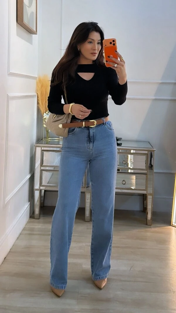Blusa Tricot Canelado Joyce Recorte Vazado Em V No Busto