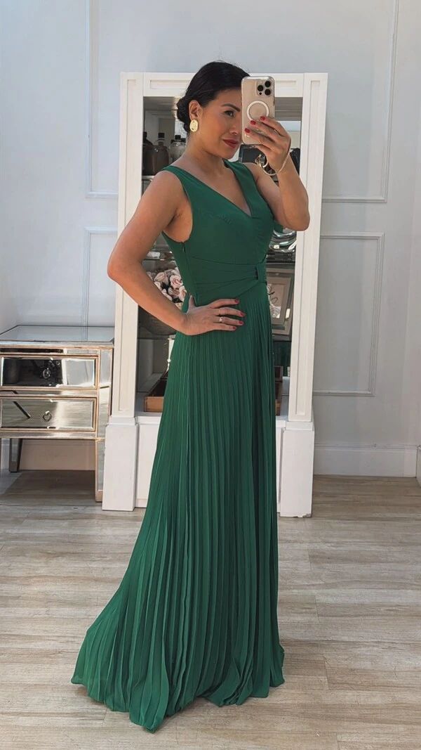 Vestido Longo Decote V Detalhe De Laço Maithe Saia Plissada