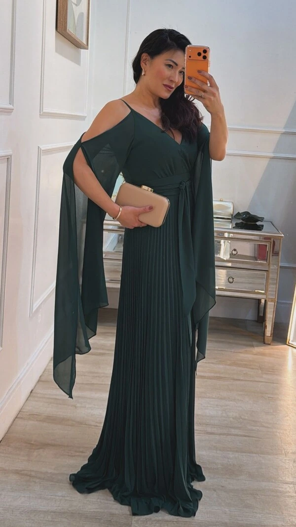 Vestido Longo Manga Echarpe Bruna Com Cinto Faixa