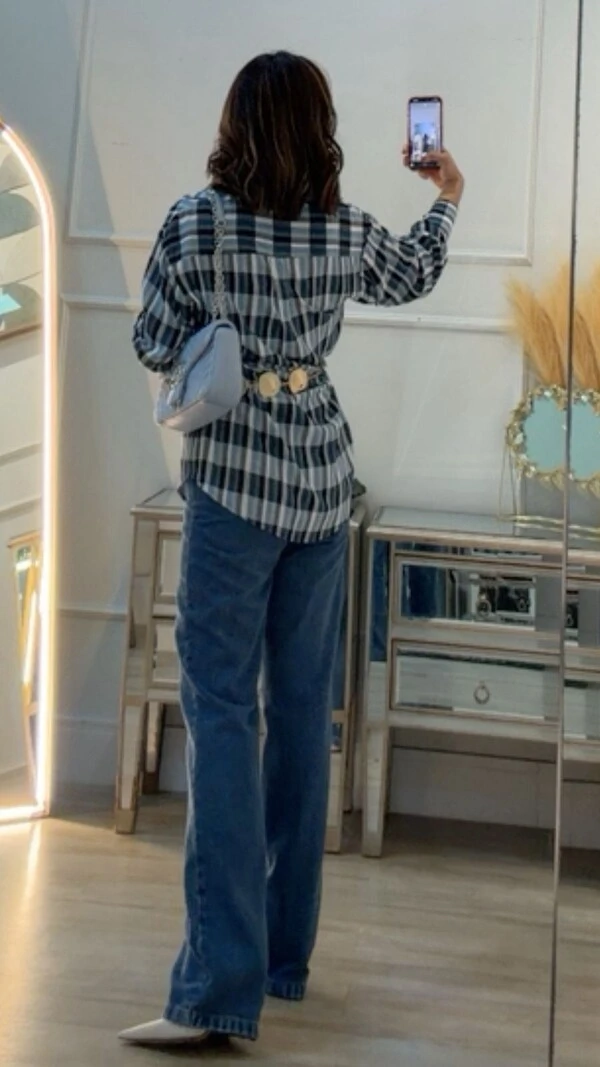 Camisa Xadrez Júlia Mangas Longas Punhos Largos