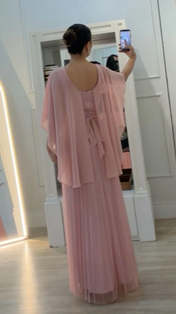 Vestido Longo Mangas Em Echarpe Vivi Saia Plissada Em Tule