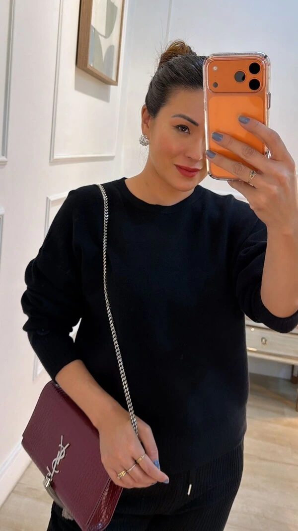 Blusa Tricot Marina Punhos Largos Canelados Detalhe De Botão