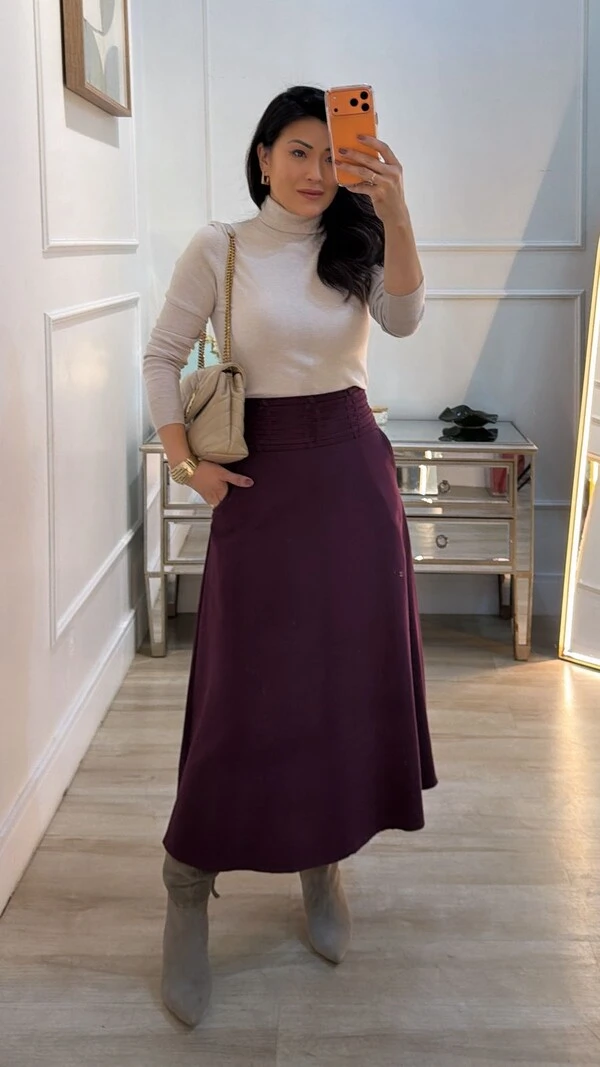 Saia Midi Evasê Clarisse Pala Larga Com Tiras Entrelaçadas