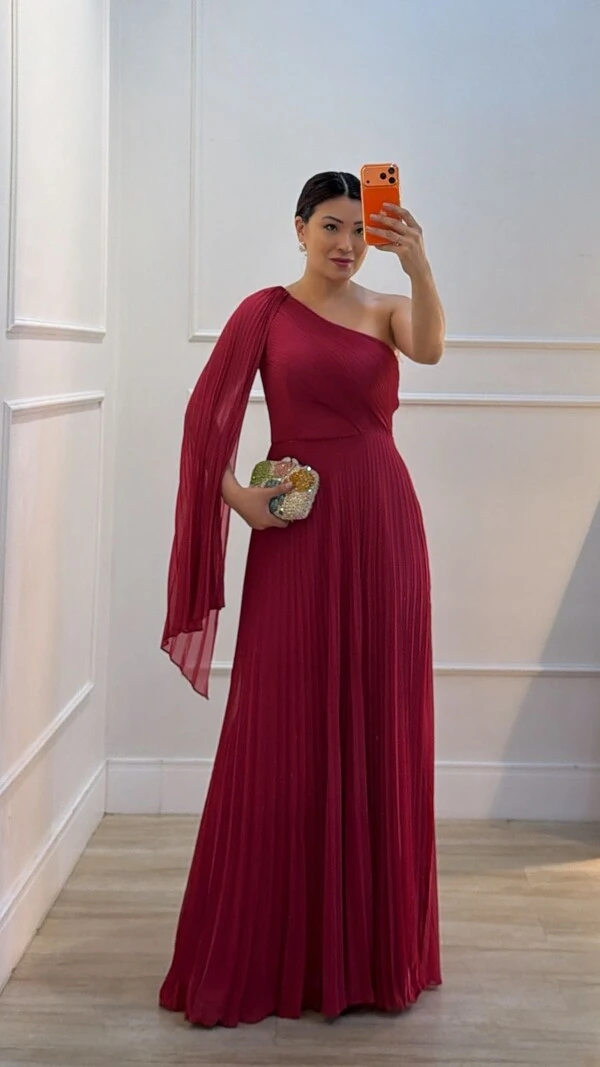 Vestido Longo Plissado Ombro Único Chloe Cinto Faixa