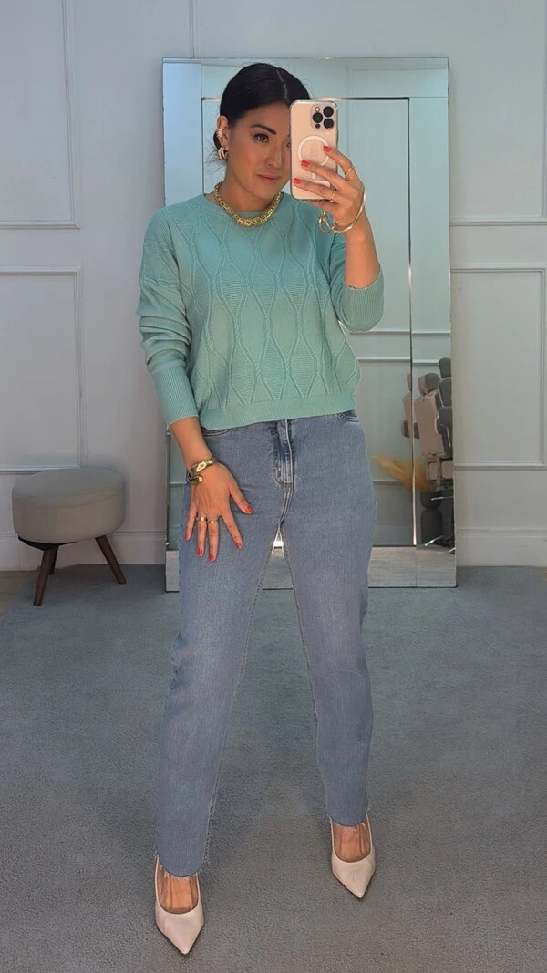 Blusa Tricot Adriana Losangos Texturizados Com Detalhes Trançados