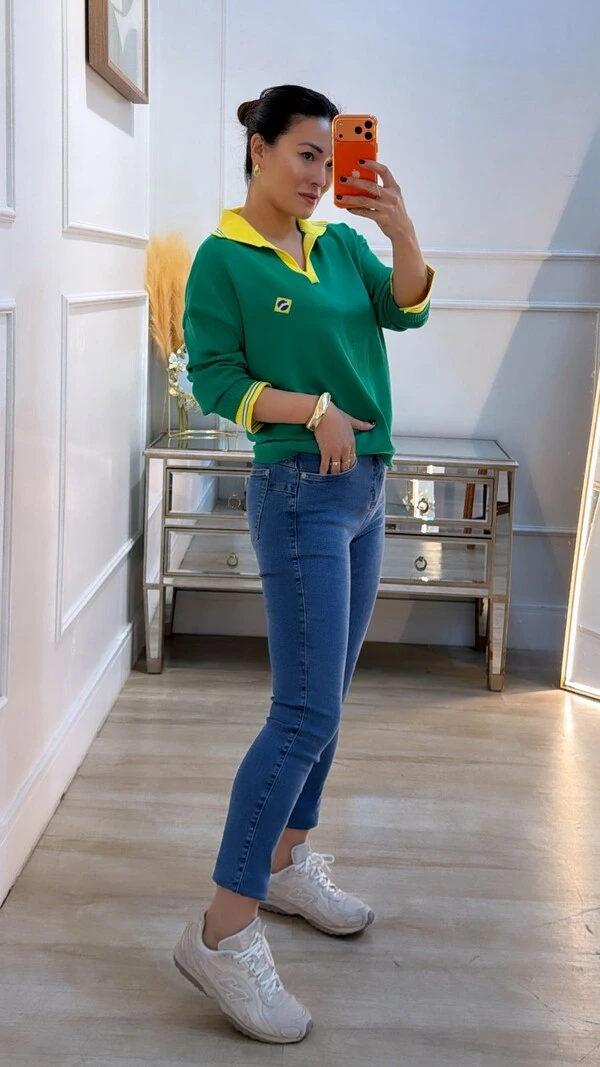 Blusa Tricot Brasil Gola Polo Fernanda Mangas Longas