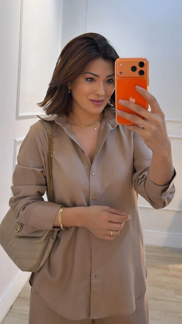 Conjunto Viscose Com Linho Pamela Calça Pantalona E Camisa