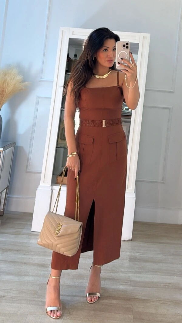 Vestido Midi Alças Finas Opcionais Britney Cinto Franzido