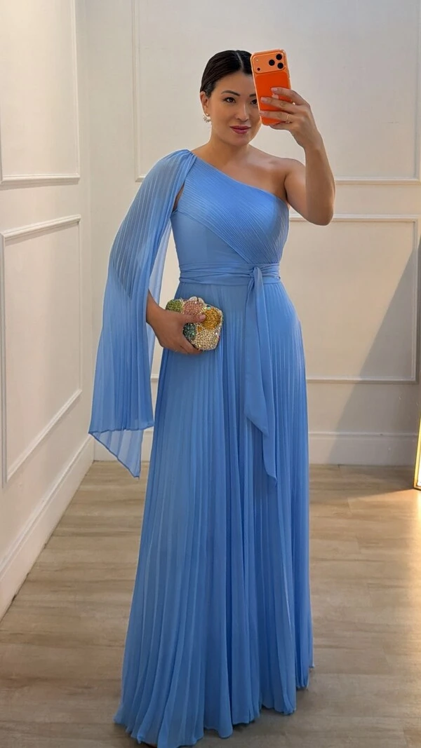 Vestido Longo Plissado Ombro Único Chloe Cinto Faixa