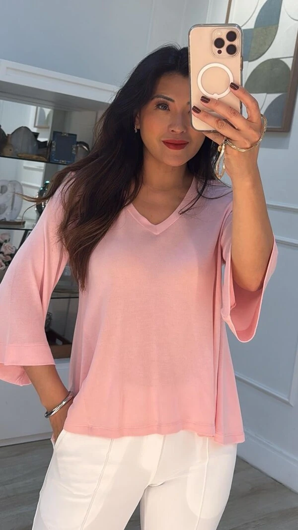 Blusa Ampla Decote V Thayna Mangas 7/8 Evasê