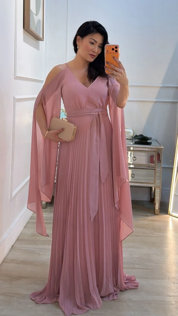 Vestido Longo Manga Echarpe Bruna Com Cinto Faixa