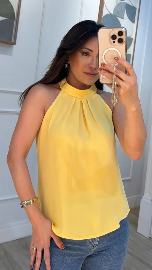 Blusa Regata Crepe Cava Americana Vivian Gola Detalhe Ondulada