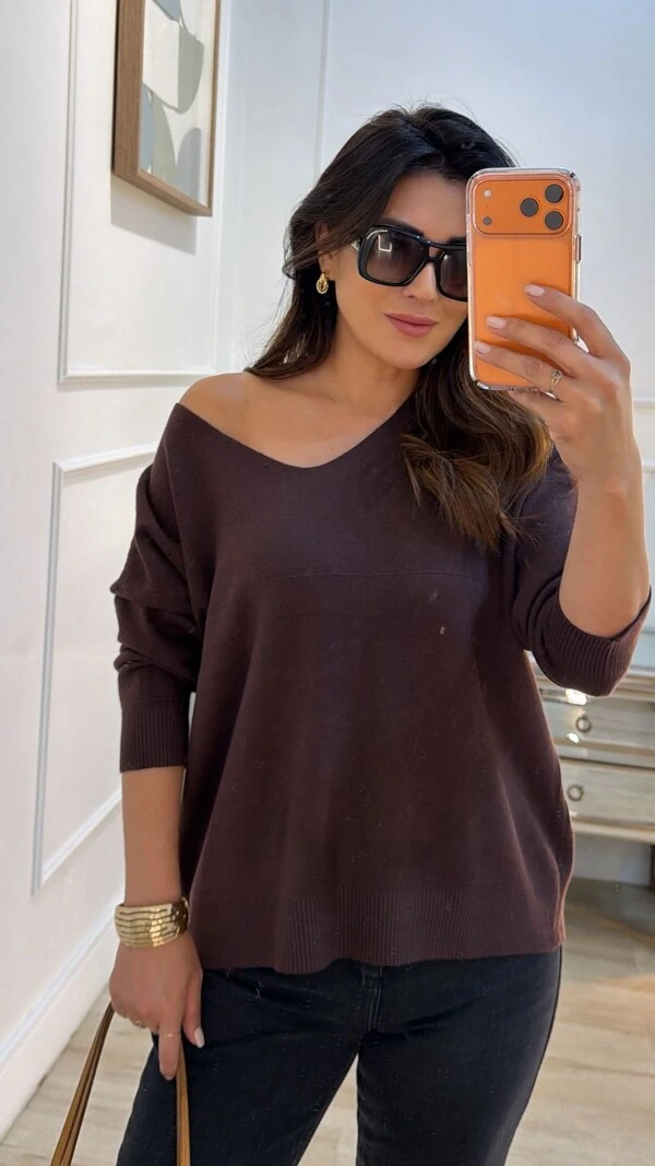 Blusa Tricot Ampla Decote V Paola Mangas Longas