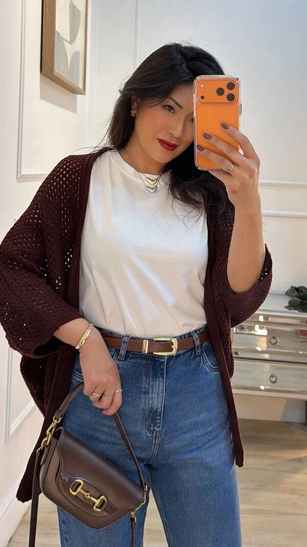 Kimono Tricot Vazado Ashley Mangas 3/4 Punhos Canelados