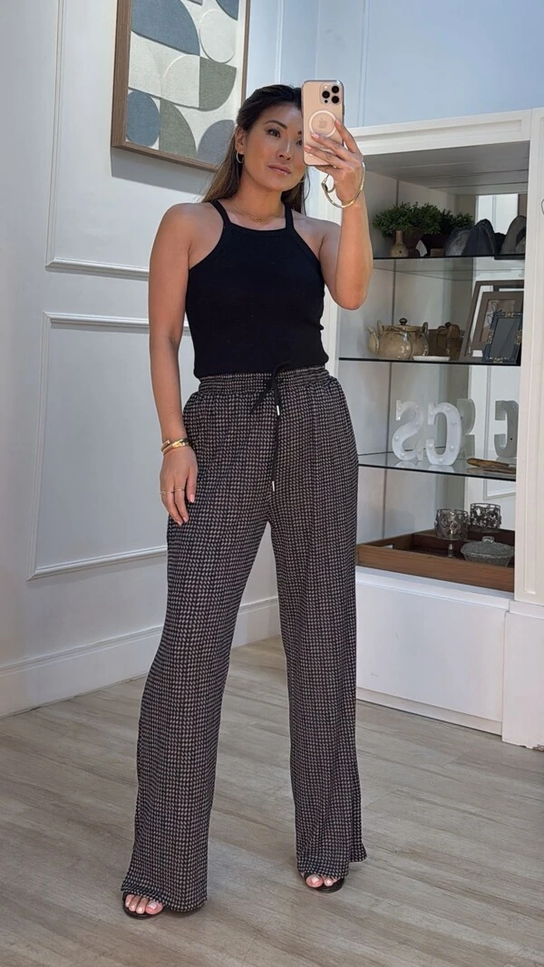 Calça Pied Poule Cinthia Pala Larga Com Amarração Frontal