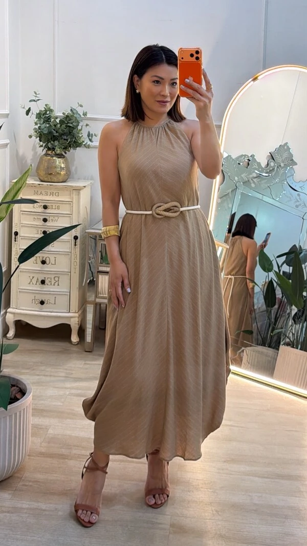 Vestido Midi Cavado Risca De Giz Aurora Com Cinto Corda