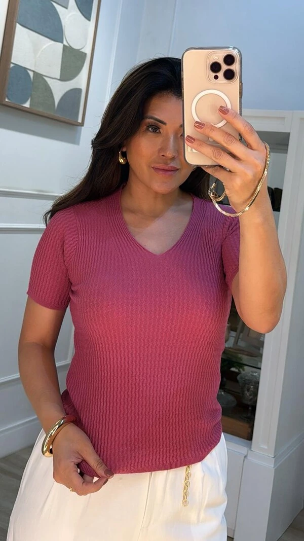 Blusa Tricot Nervuras Ellie Decote V E Mangas Curtas