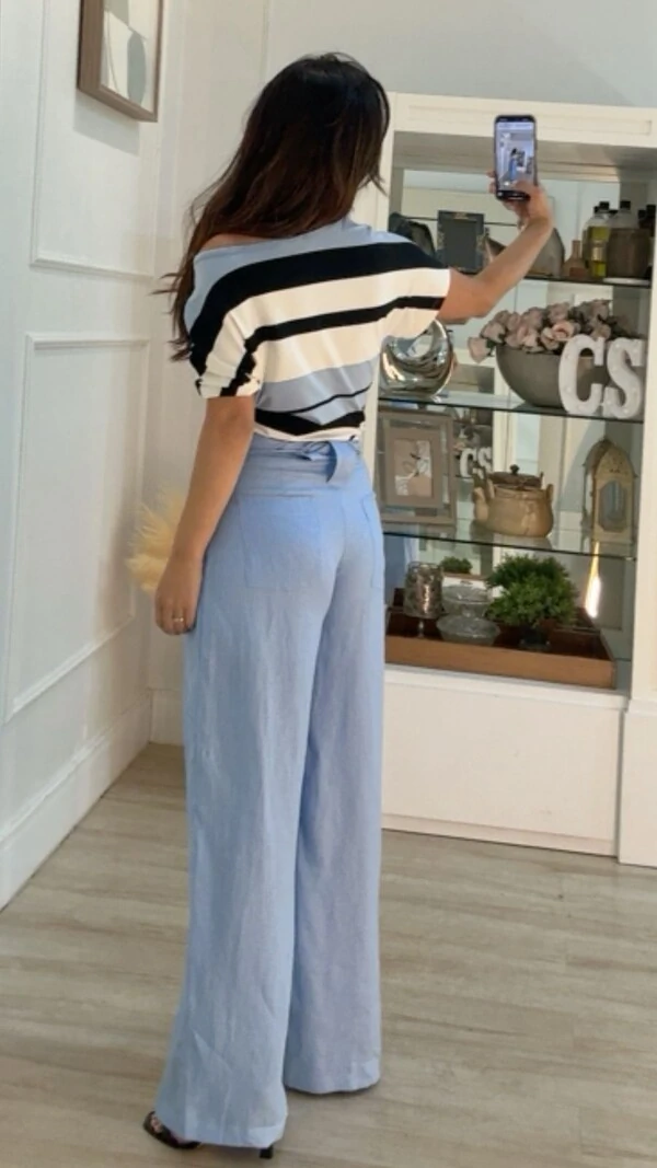 Calça Pantalona Em Linho Mirella Com Cinto Faixa