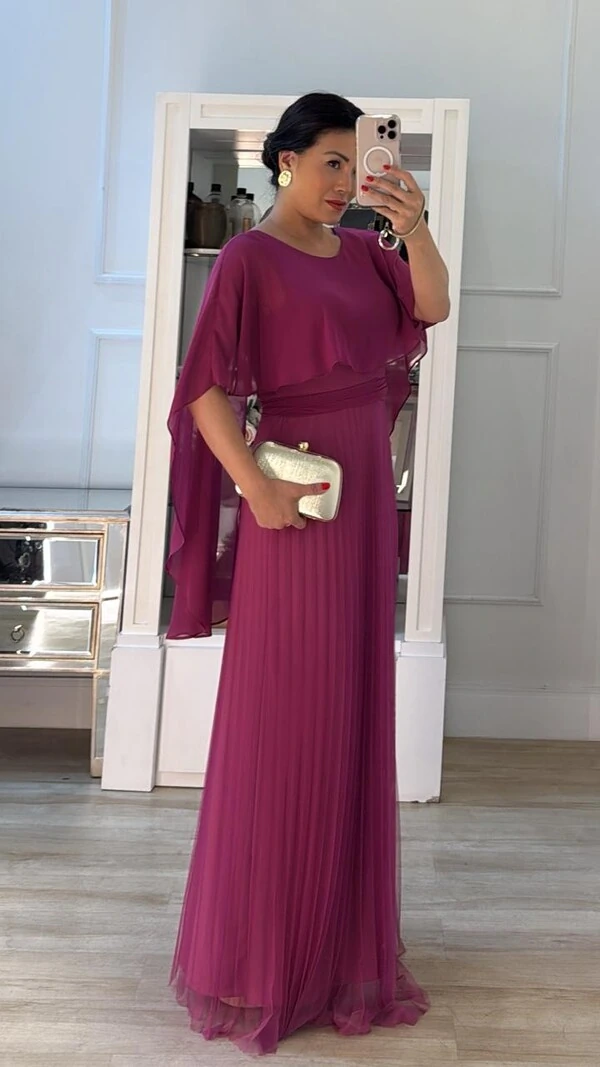 Vestido Longo Mangas Em Echarpe Vivi Saia Plissada Em Tule