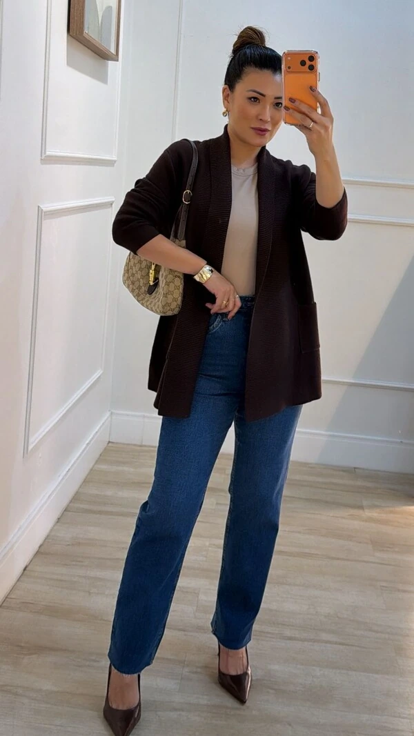 Cardigan Tricot Melina Detalhe Canelado E Bolsos Quadrados