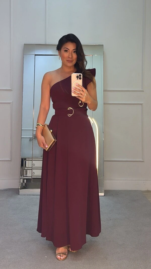 Vestido Longo Alba Ombro Único E Cinto Faixa Com Fivela Dupla