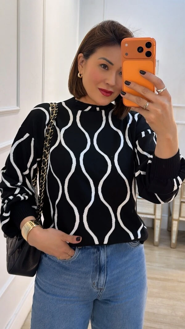 Blusa Tricot Bicolor Simaria Nervuras Onduladas