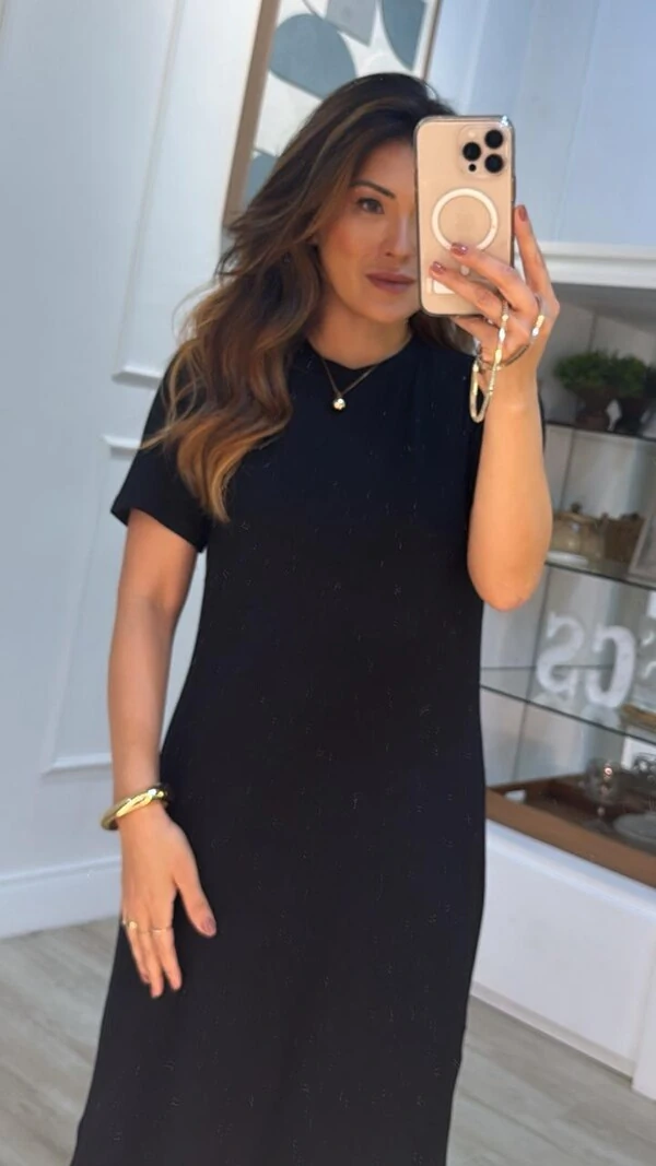 Vestido Midi Malha Gola Careca Simone Fendas Laterais