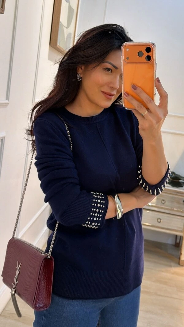 Blusa Tricot Nervura Frontal Taty Punhos Com Aplicações