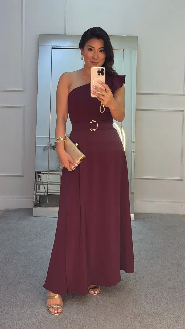 Vestido Longo Alba Ombro Único E Cinto Faixa Com Fivela Dupla