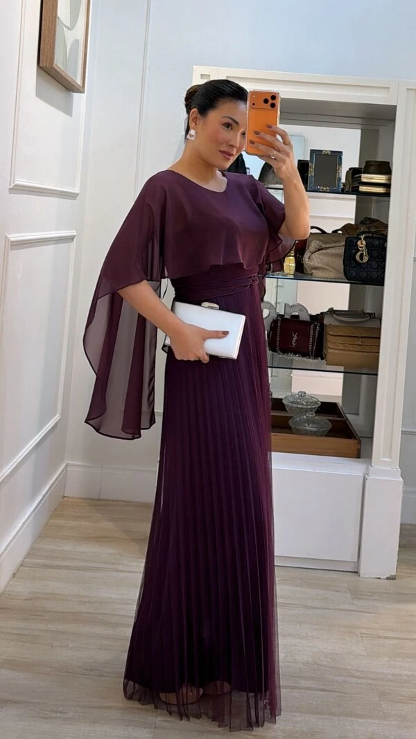 Vestido Longo Mangas Em Echarpe Vivi Saia Plissada Em Tule