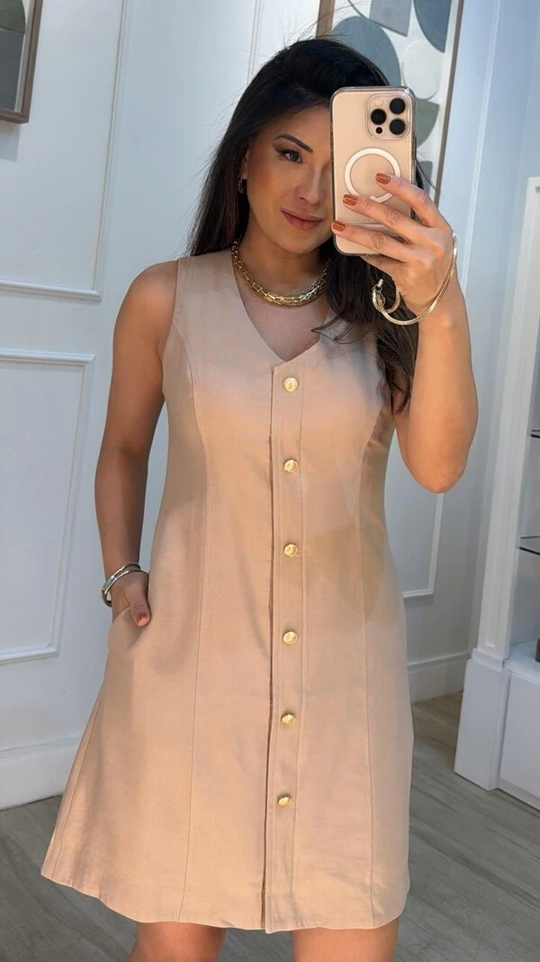 Vestido Curto Twill Gio Botões Dourados Frontais