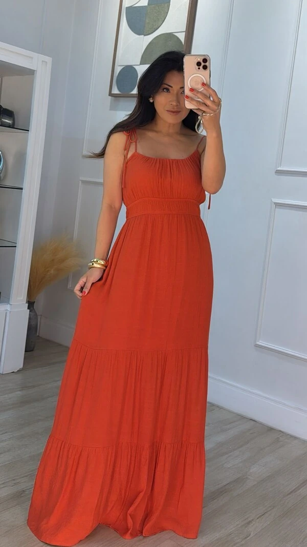 Vestido Longo Kate Alças Com Amarração Regulável E Camadas