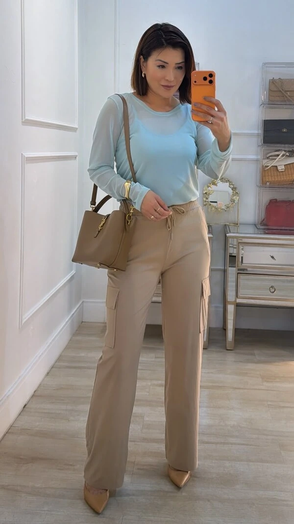 Calça Pantalona Cargo Thamires Pala Larga Com Amarração Frontal