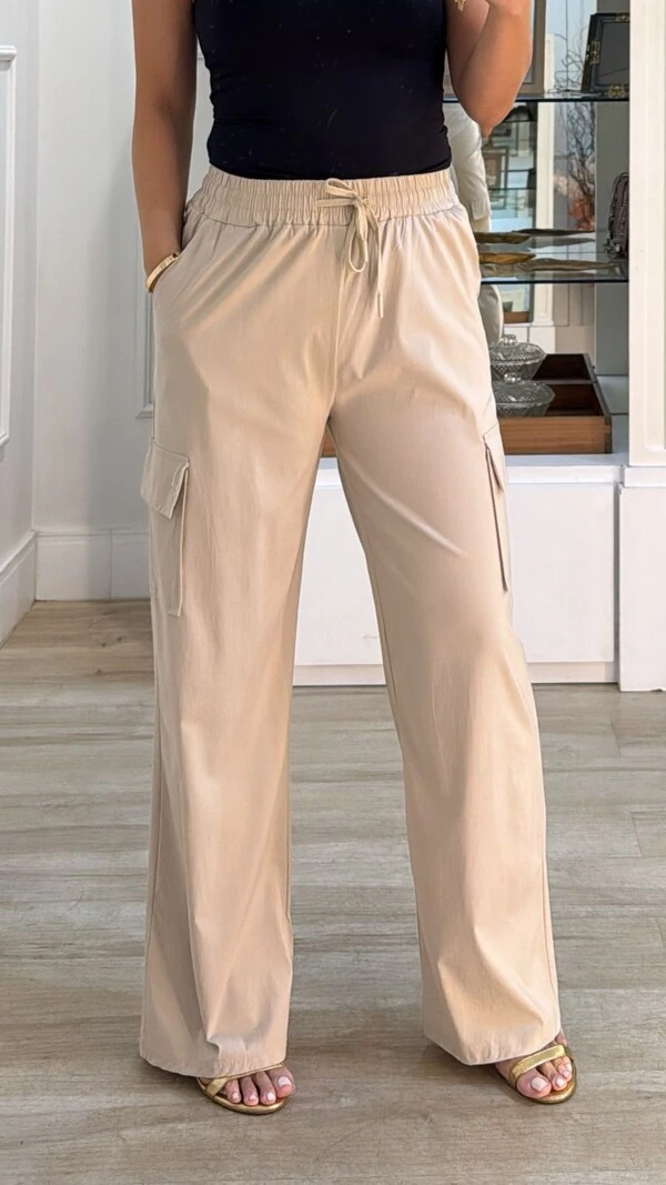 Calça Pantalona Cargo Thamires Pala Larga Com Amarração Frontal