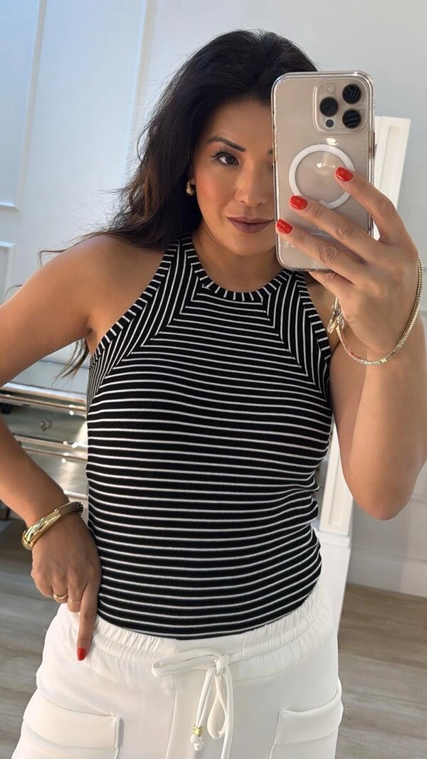 Blusa Regata Bicolor Listrada Nala Com Decote Nadador