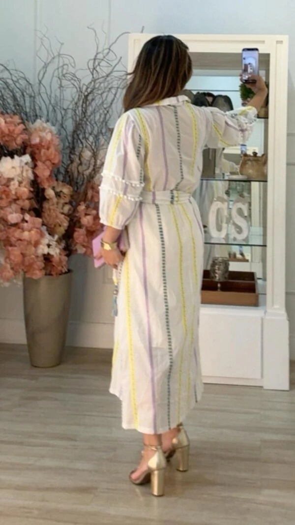 Vestido Midi Bordado Com Fio De Lurex Ingrid Cinto Faixa Com Tassel