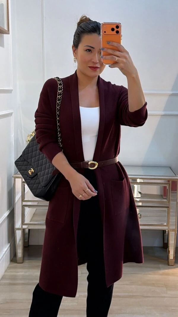 Maxi Cardigan Tricot Eliana Bolsos Quadrados Frontais