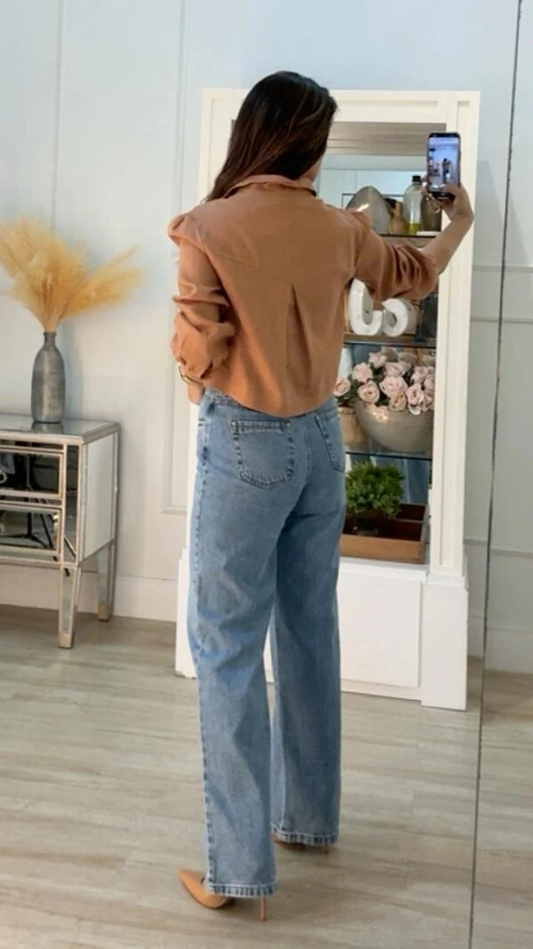 Camisa Cropped Linho Mangas Princesa Veronica Prega Posterior