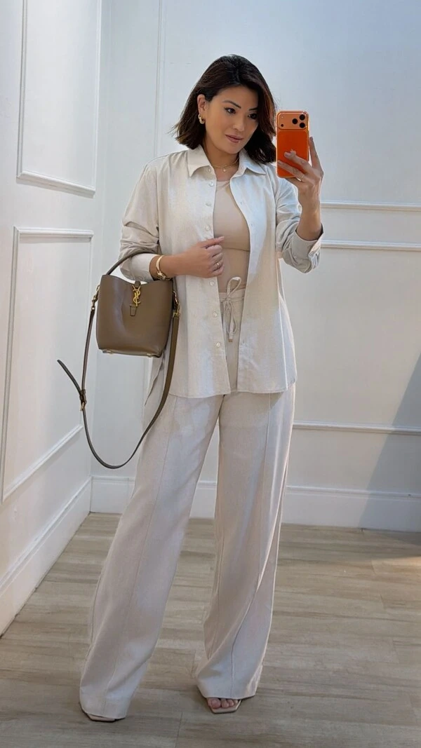 Conjunto Viscose Com Linho Pamela Calça Pantalona E Camisa