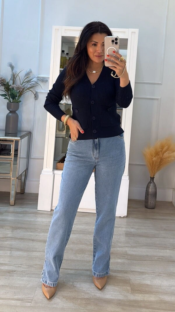 Cardigan Curto Canelado Rayane Bolsos Quadrados Frontais