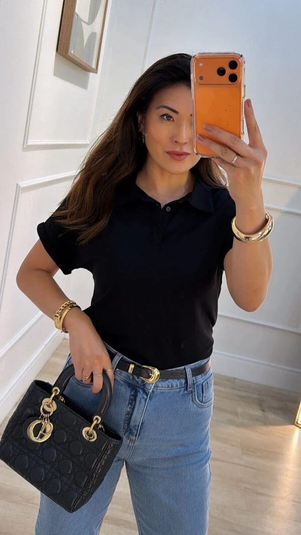 Camisa Polo Texturizada Gabriela Mangas Detalhe Dobrado