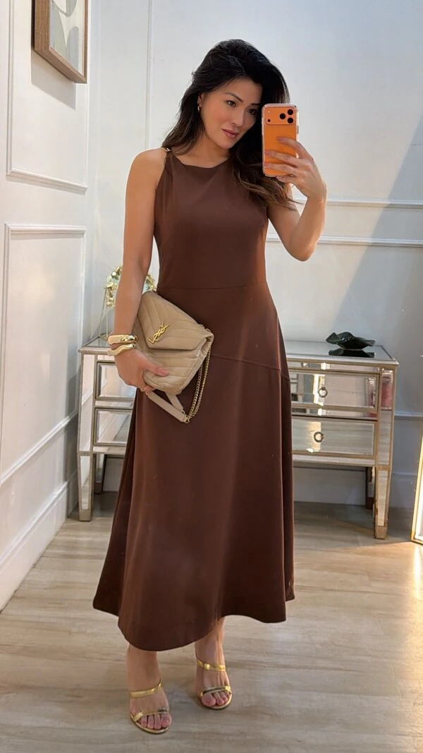 Vestido Detalhe Dourado Na Alça Elise Recorte Assimétrico