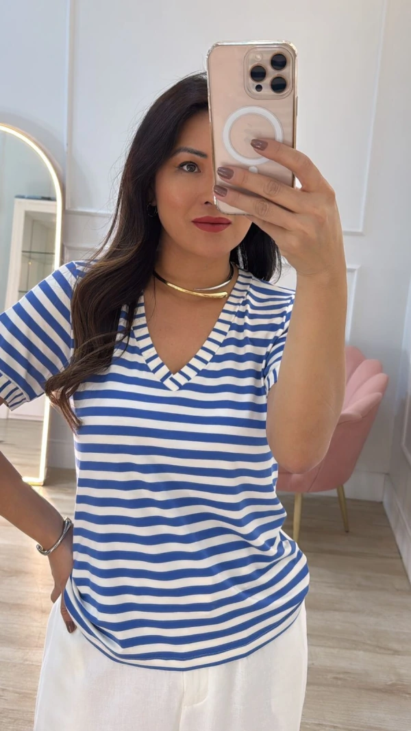 Blusa Malha Listrada Bianca Decote V