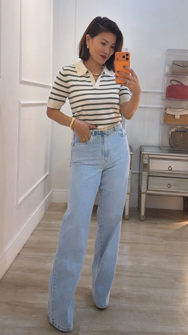Blusa Polo Tricot Listrada Marcela Mangas Curtas