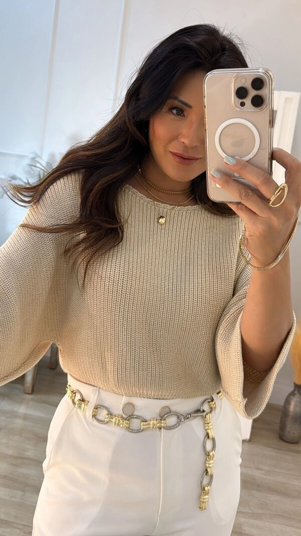 Blusa Cropped Tricot Amplo Kim Mangas 7/8