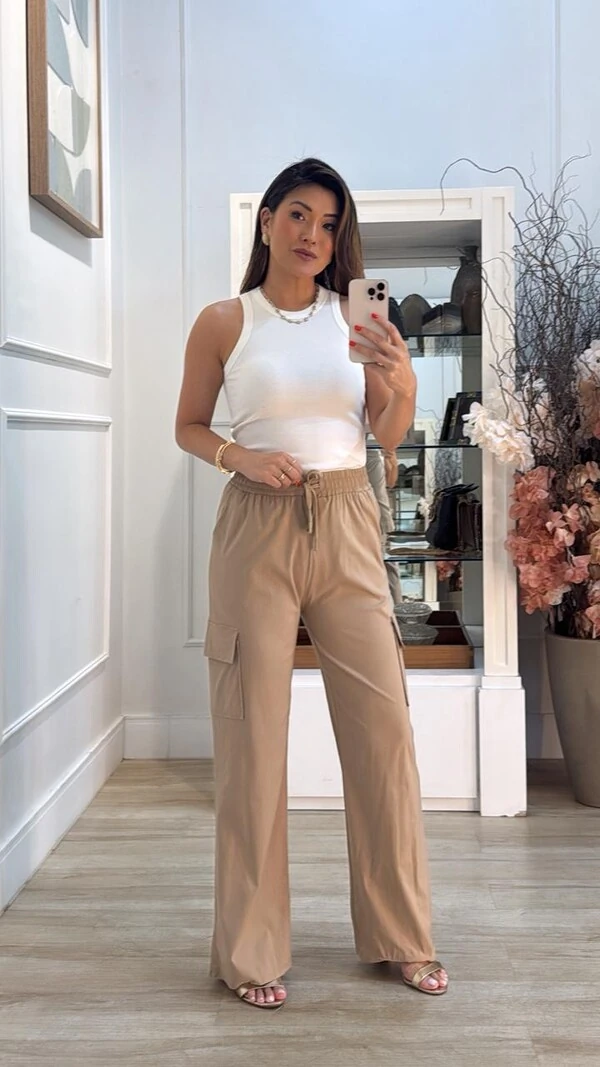 Calça Pantalona Cargo Thamires Pala Larga Com Amarração Frontal