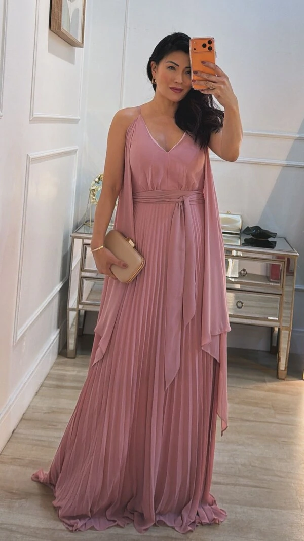 Vestido Longo Manga Echarpe Bruna Com Cinto Faixa