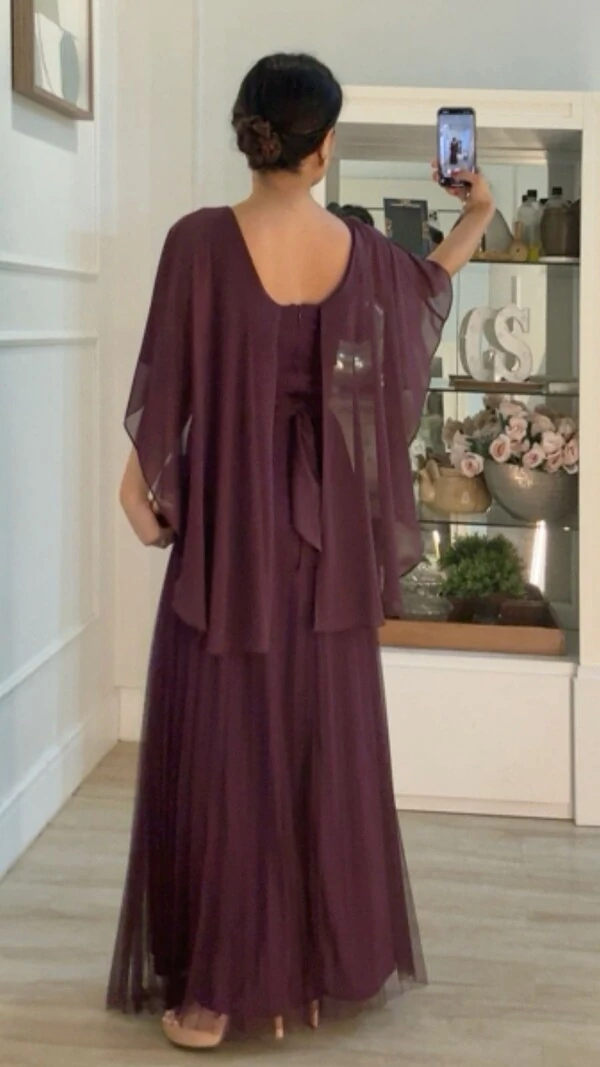 Vestido Longo Mangas Em Echarpe Vivi Saia Plissada Em Tule